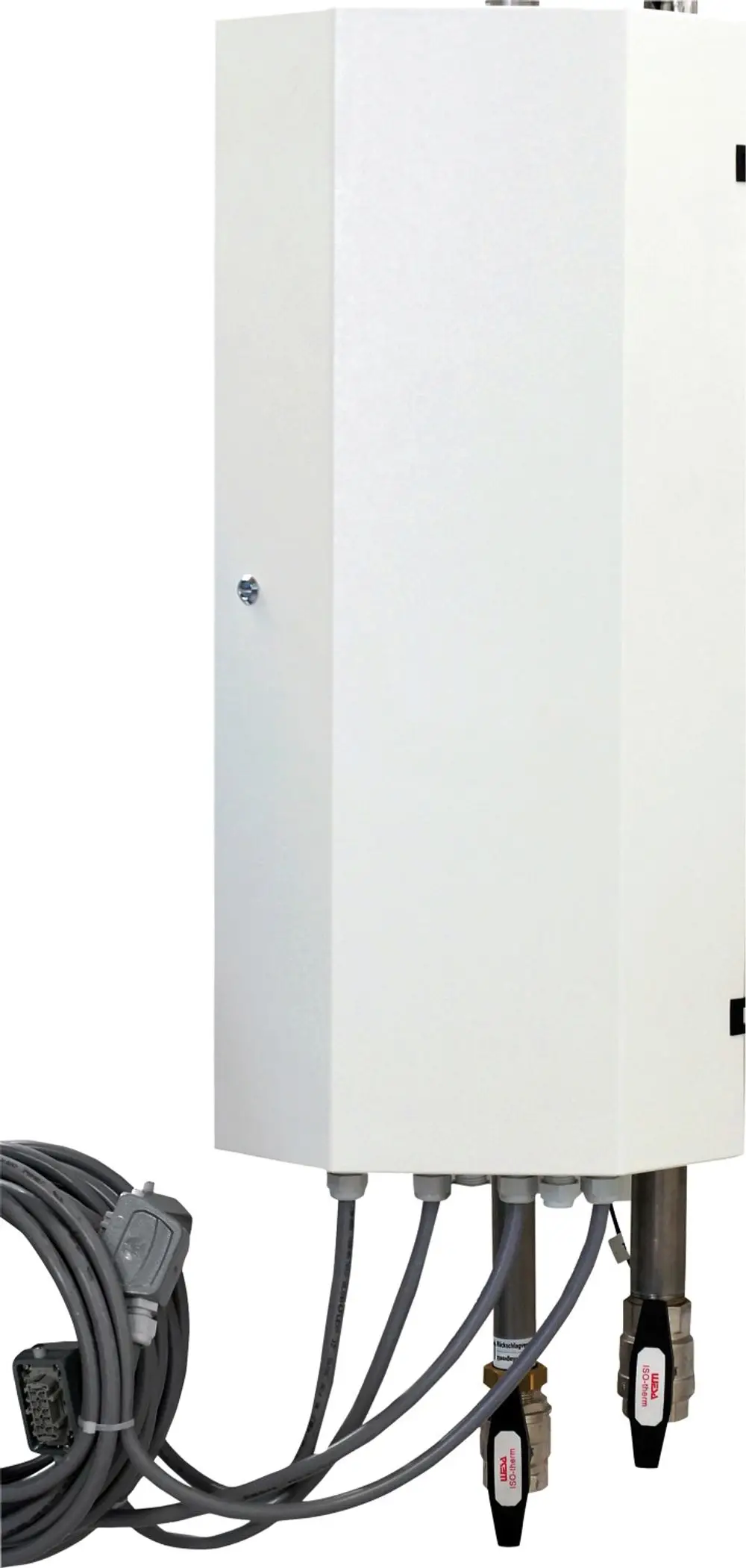 Weißer Schaltschrank mit mehreren Anschlüssen und Kabeln, angebracht an der Seite. Produkt von Bosch, ausgelegt für Heizkreise in Heizsystemen.